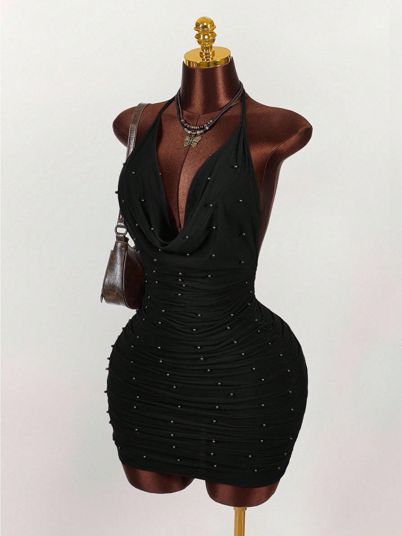 Amplova Vintage Earthy Tone Beaded Design Low-Cut Mini Party Dress Club Black Night Out Dresses Cocktail For Women