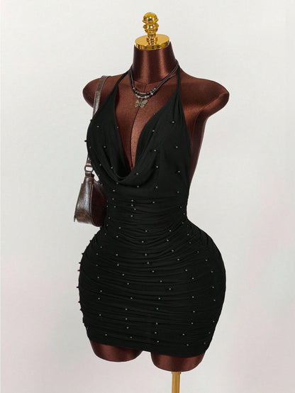 Amplova Vintage Earthy Tone Beaded Design Low-Cut Mini Party Dress Club Black Night Out Dresses Cocktail For Women