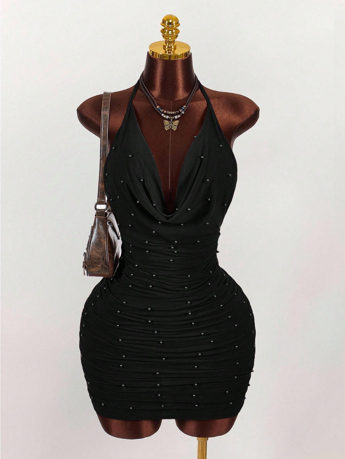Amplova Vintage Earthy Tone Beaded Design Low-Cut Mini Party Dress Club Black Night Out Dresses Cocktail For Women
