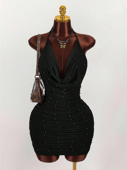 Amplova Vintage Earthy Tone Beaded Design Low-Cut Mini Party Dress Club Black Night Out Dresses Cocktail For Women
