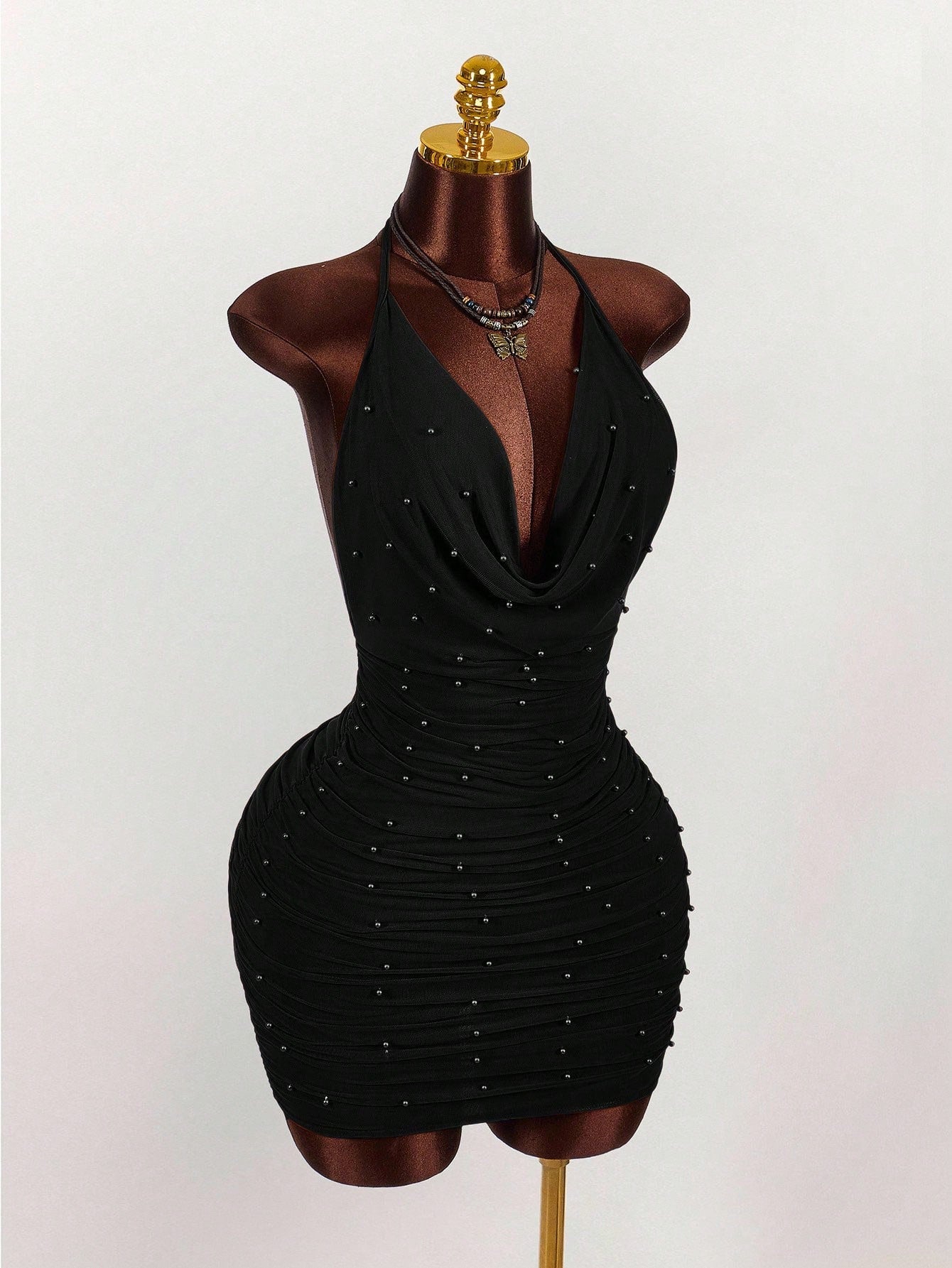 Amplova Vintage Earthy Tone Beaded Design Low-Cut Mini Party Dress Club Black Night Out Dresses Cocktail For Women