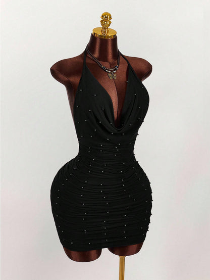 Amplova Vintage Earthy Tone Beaded Design Low-Cut Mini Party Dress Club Black Night Out Dresses Cocktail For Women