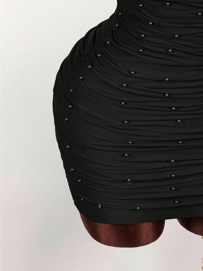 Amplova Vintage Earthy Tone Beaded Design Low-Cut Mini Party Dress Club Black Night Out Dresses Cocktail For Women