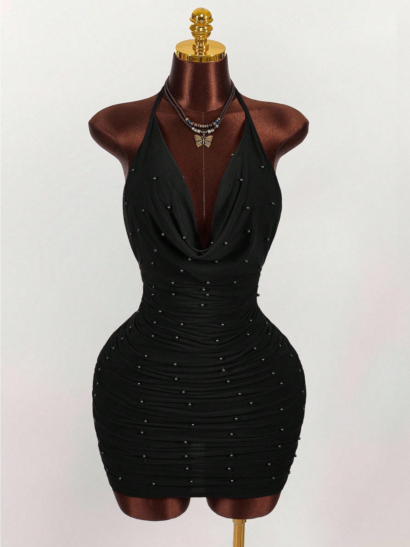 Amplova Vintage Earthy Tone Beaded Design Low-Cut Mini Party Dress Club Black Night Out Dresses Cocktail For Women