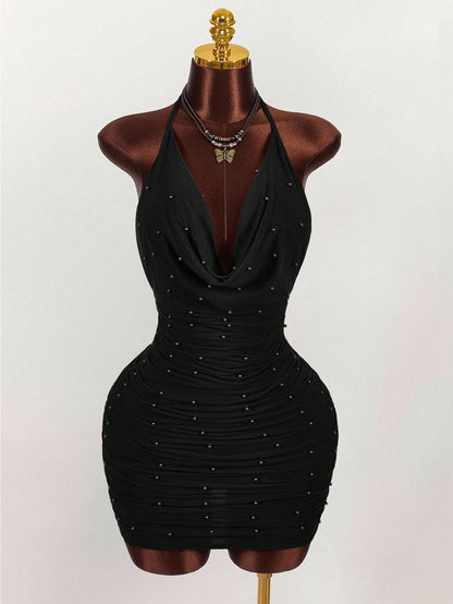 Amplova Vintage Earthy Tone Beaded Design Low-Cut Mini Party Dress Club Black Night Out Dresses Cocktail For Women
