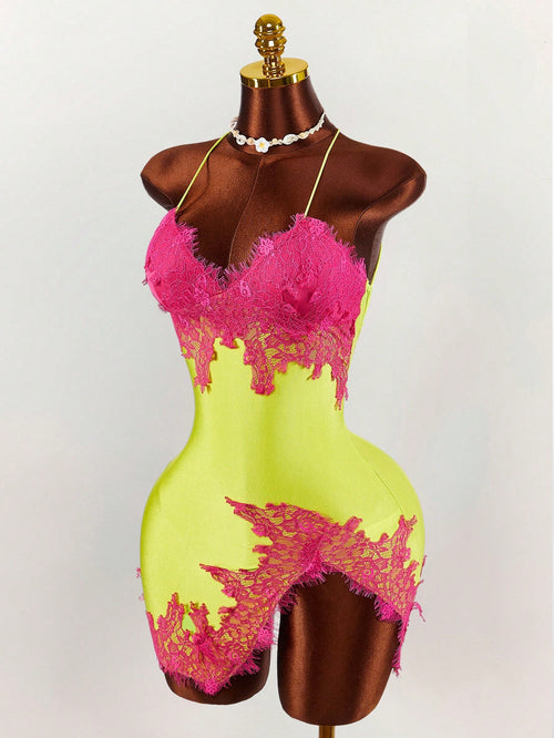 Amplova Women's Lime Green Lace Patchwork Slit Mini Camisole Dress, Summer Techno Club Night Out Rave Y2k Sexy Outfits For Festival Party Beach Vacation Dates