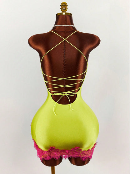 Amplova Women's Lime Green Lace Patchwork Slit Mini Camisole Dress, Summer Techno Club Night Out Rave Y2k Sexy Outfits For Festival Party Beach Vacation Dates