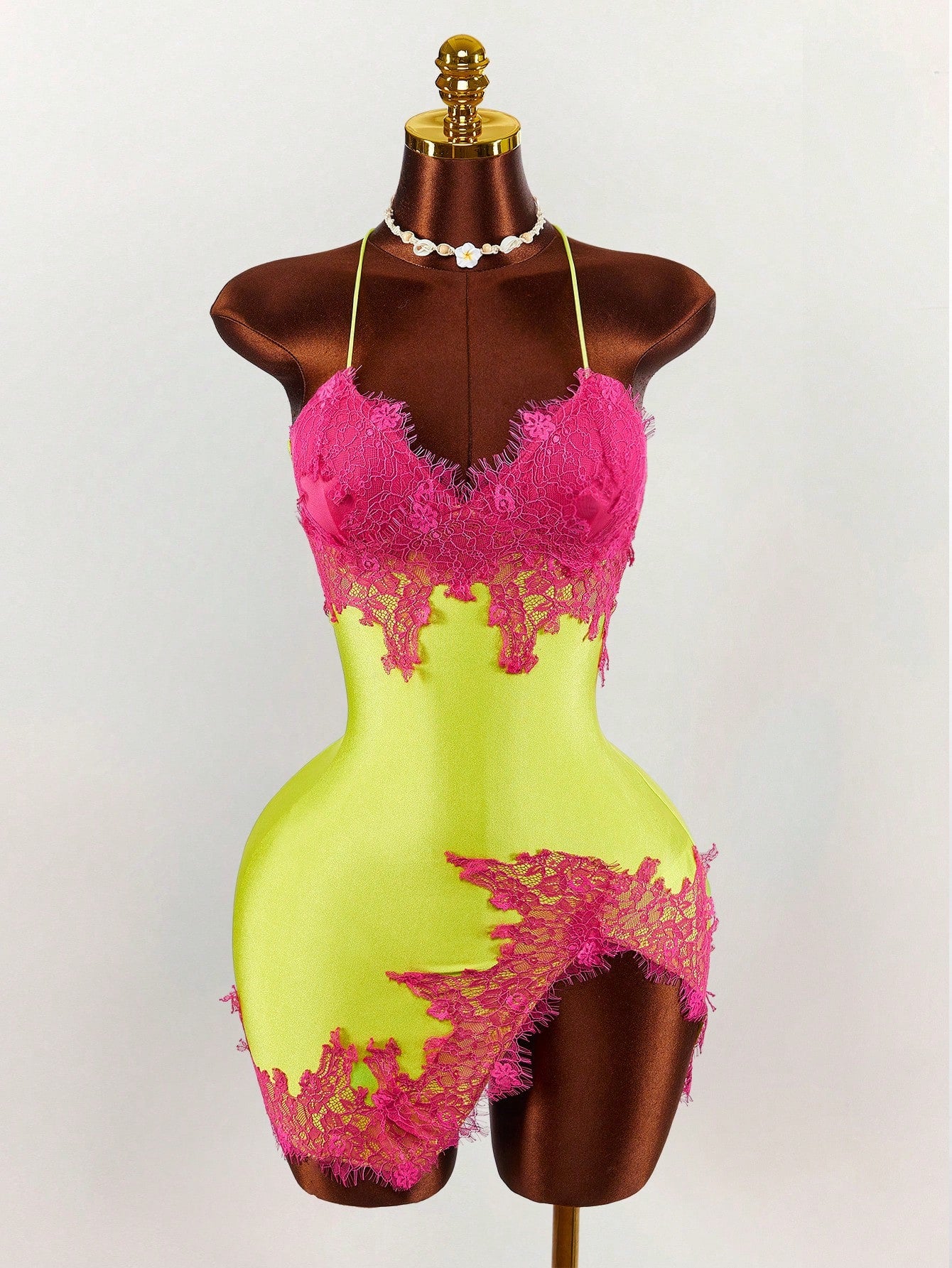 Amplova Women's Lime Green Lace Patchwork Slit Mini Camisole Dress, Summer Techno Club Night Out Rave Y2k Sexy Outfits For Festival Party Beach Vacation Dates