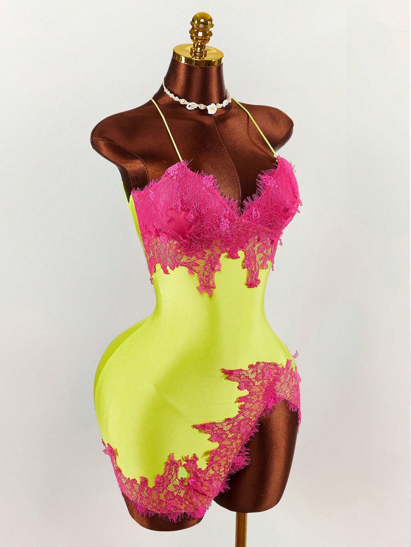 Amplova Women's Lime Green Lace Patchwork Slit Mini Camisole Dress, Summer Techno Club Night Out Rave Y2k Sexy Outfits For Festival Party Beach Vacation Dates