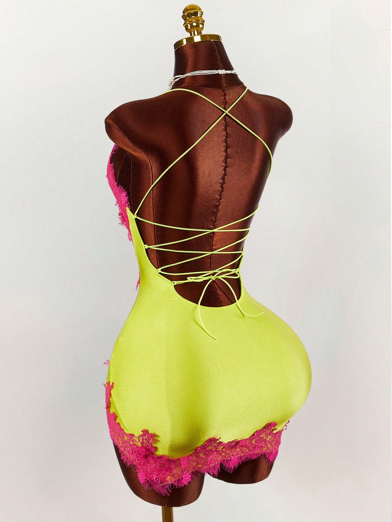 Amplova Women's Lime Green Lace Patchwork Slit Mini Camisole Dress, Summer Techno Club Night Out Rave Y2k Sexy Outfits For Festival Party Beach Vacation Dates
