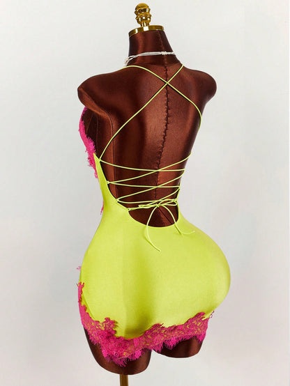 Amplova Women's Lime Green Lace Patchwork Slit Mini Camisole Dress, Summer Techno Club Night Out Rave Y2k Sexy Outfits For Festival Party Beach Vacation Dates