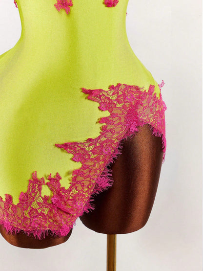 Amplova Women's Lime Green Lace Patchwork Slit Mini Camisole Dress, Summer Techno Club Night Out Rave Y2k Sexy Outfits For Festival Party Beach Vacation Dates