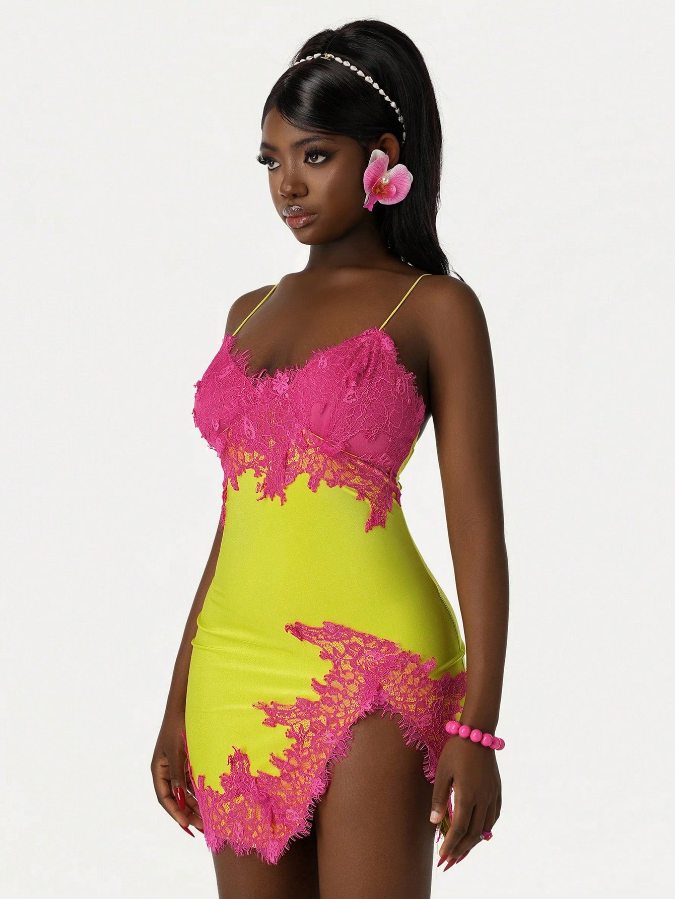 Amplova Women's Lime Green Lace Patchwork Slit Mini Camisole Dress, Summer Techno Club Night Out Rave Y2k Sexy Outfits For Festival Party Beach Vacation Dates