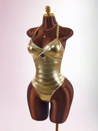 Amplova Women's One-Piece Swimsuit Gold Faux Bandage Style Sexy Avant-Garde Suitable For Vacation Wear Bathing Suits For Women