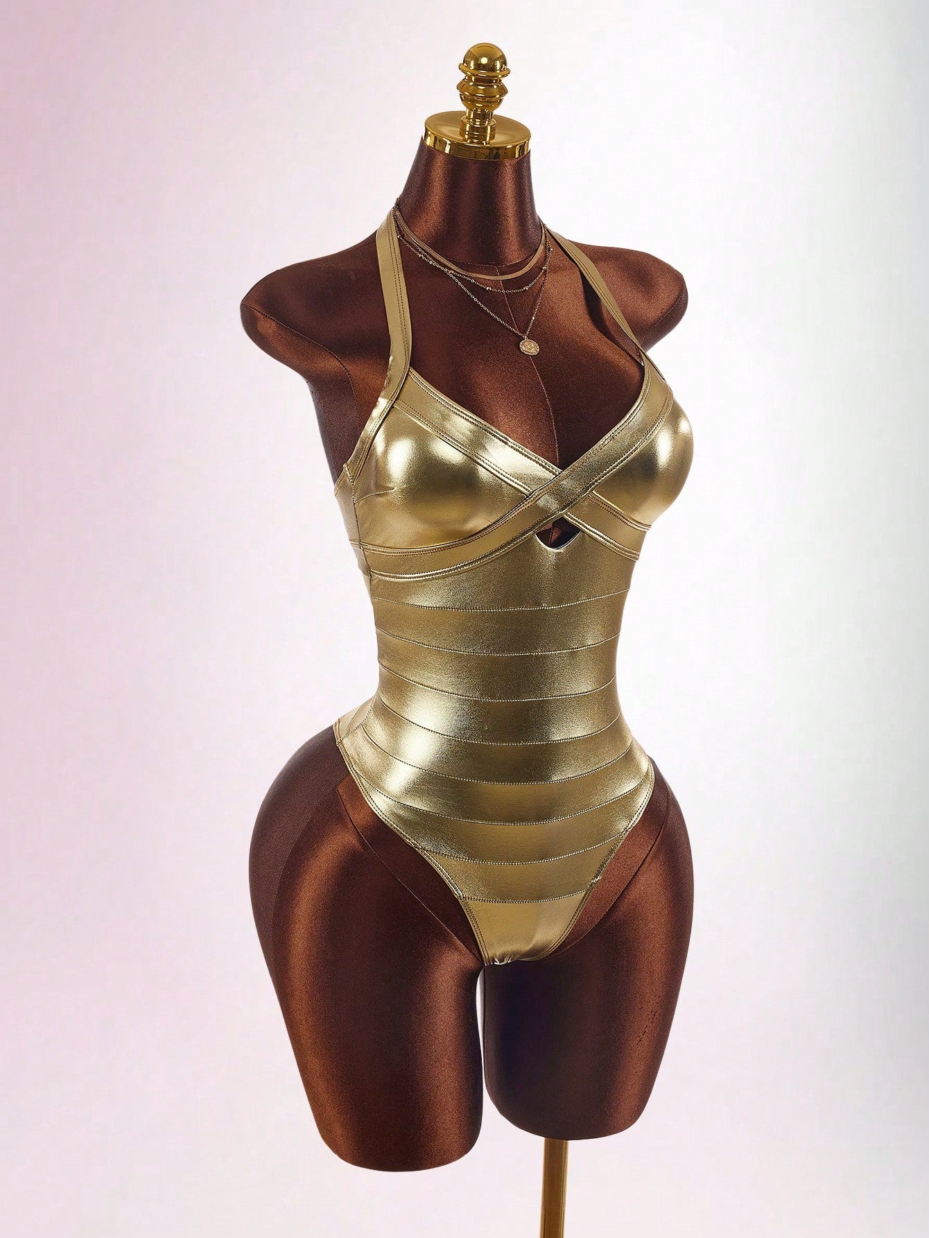 Amplova Women's One-Piece Swimsuit Gold Faux Bandage Style Sexy Avant-Garde Suitable For Vacation Wear Bathing Suits For Women