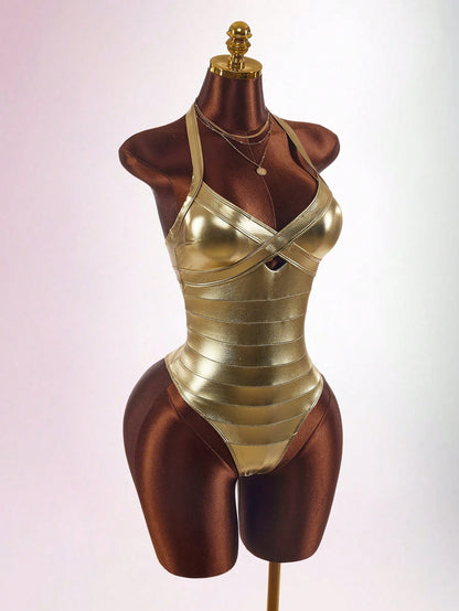 Amplova Women's One-Piece Swimsuit Gold Faux Bandage Style Sexy Avant-Garde Suitable For Vacation Wear Bathing Suits For Women
