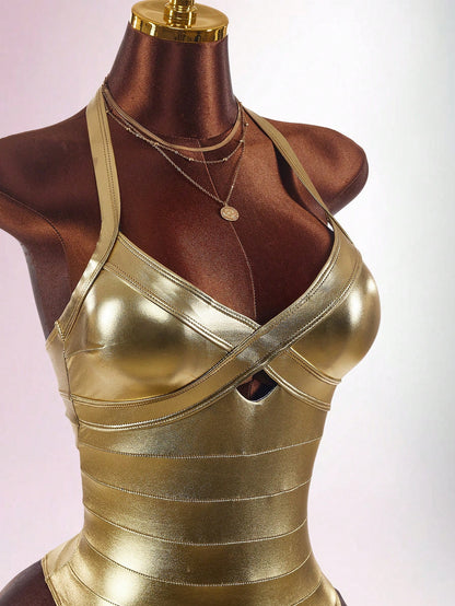 Amplova Women's One-Piece Swimsuit Gold Faux Bandage Style Sexy Avant-Garde Suitable For Vacation Wear Bathing Suits For Women