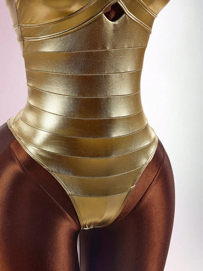 Amplova Women's One-Piece Swimsuit Gold Faux Bandage Style Sexy Avant-Garde Suitable For Vacation Wear Bathing Suits For Women