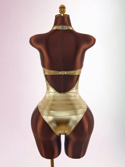 Amplova Women's One-Piece Swimsuit Gold Faux Bandage Style Sexy Avant-Garde Suitable For Vacation Wear Bathing Suits For Women