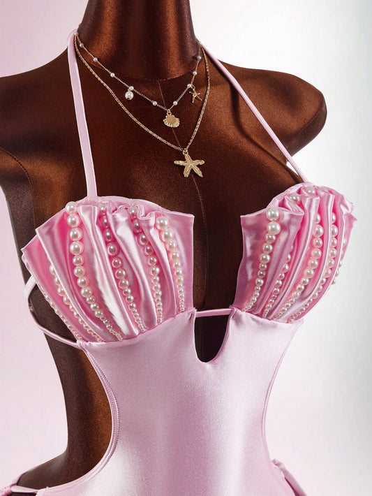 Amplova Women's Shell Cup Pearl Trim One-Piece Swimsuit, Halter Neck Fairycore Backless Style, Minimalist Vacation Outfit Beach Pink Summer