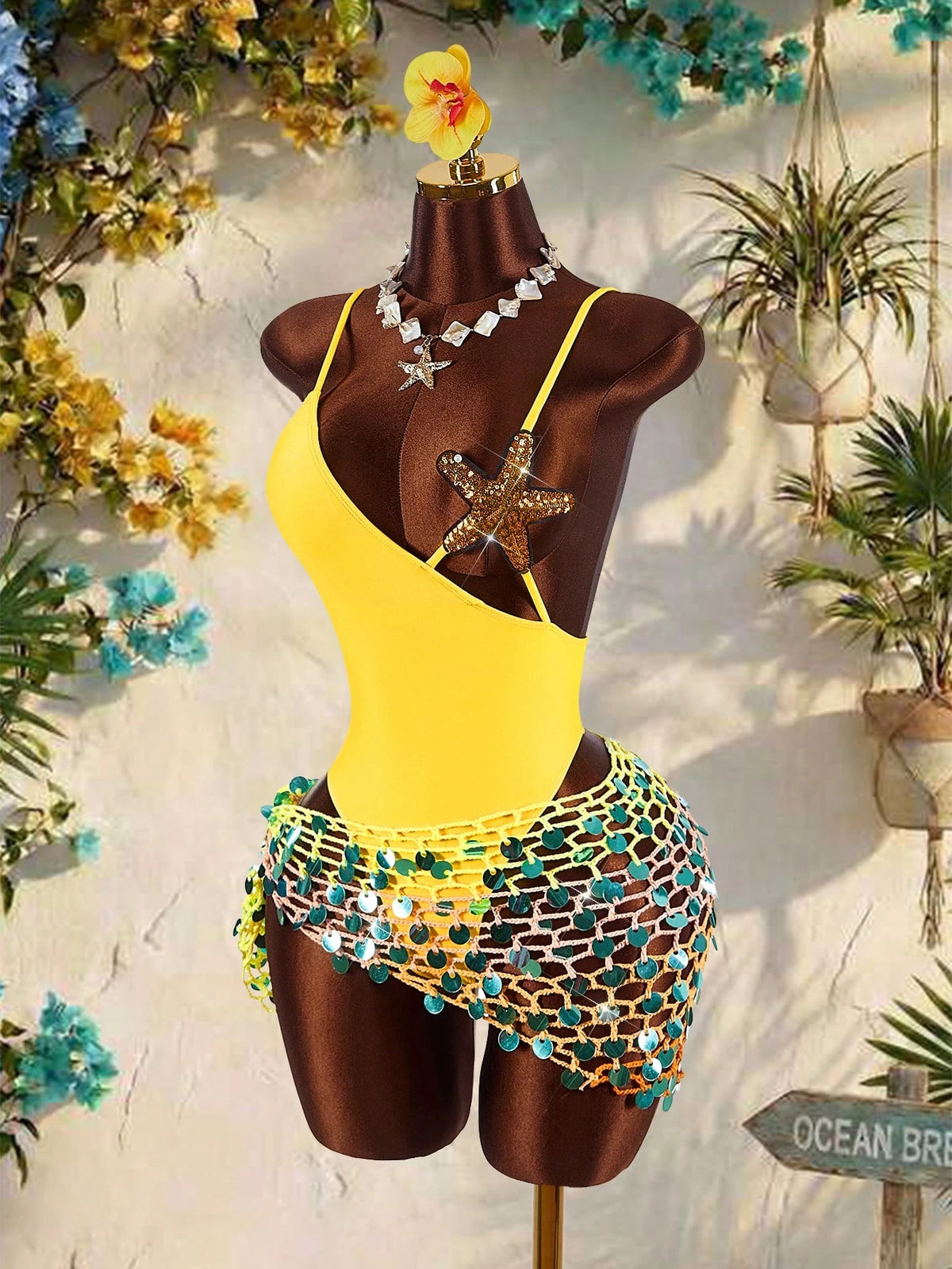 Amplova Women's Starfish Bra Splice One-Piece Swimsuit, Sexy & Avant-Garde, Suitable For Beach Vacation, Blue Solid Color Monokini Summer