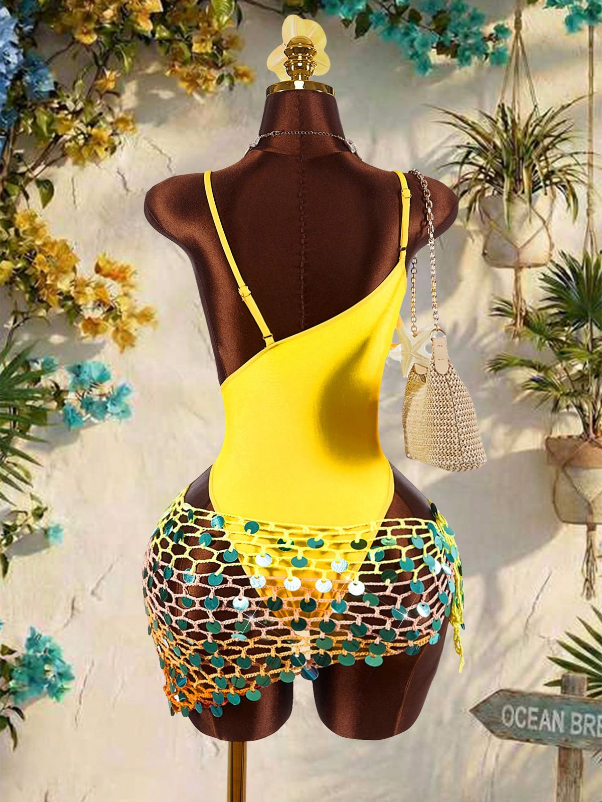 Amplova Women's Starfish Bra Splice One-Piece Swimsuit, Sexy & Avant-Garde, Suitable For Beach Vacation, Blue Solid Color Monokini Summer