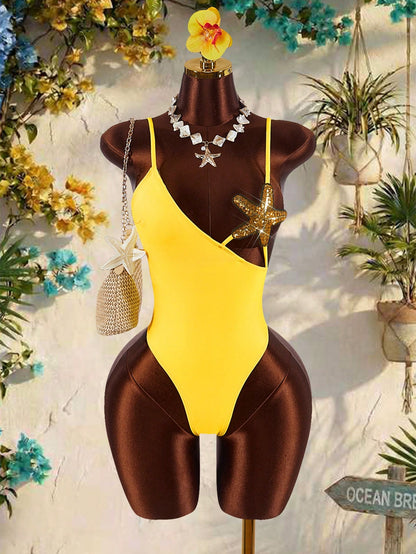 Amplova Women's Starfish Bra Splice One-Piece Swimsuit, Sexy & Avant-Garde, Suitable For Beach Vacation, Blue Solid Color Monokini Summer