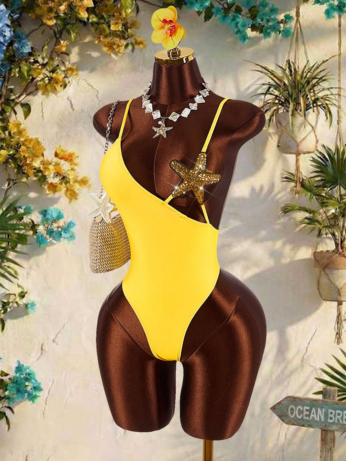 Amplova Women's Starfish Bra Splice One-Piece Swimsuit, Sexy & Avant-Garde, Suitable For Beach Vacation, Blue Solid Color Monokini Summer