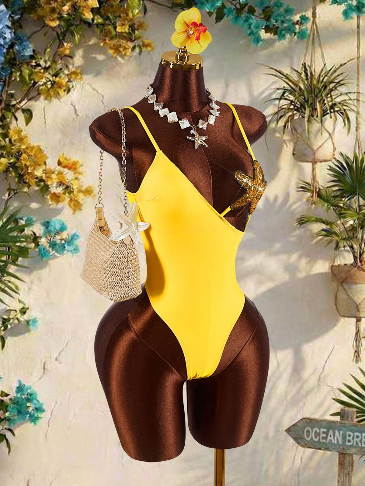 Amplova Women's Starfish Bra Splice One-Piece Swimsuit, Sexy & Avant-Garde, Suitable For Beach Vacation, Blue Solid Color Monokini Summer