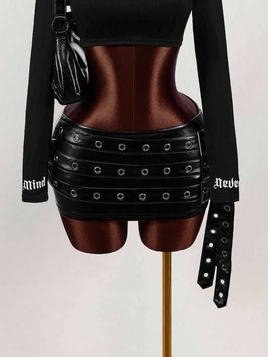 Amplova Y2k Tight-Fitting PU Belted Black Mini Skirt With Dangling Decor For Ultra-Low Waist Kpop Style Summer Outfit Going Out Clothing Music Festival Festival Outfits