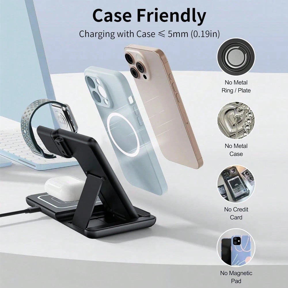 AmSengo 15W Foldable 3-In-1 Fast Wireless Charging Station Dock Compatible With Iphone 16 15 14 13 12 11, 9 8 7 6 5 Pro, USB Power Supply