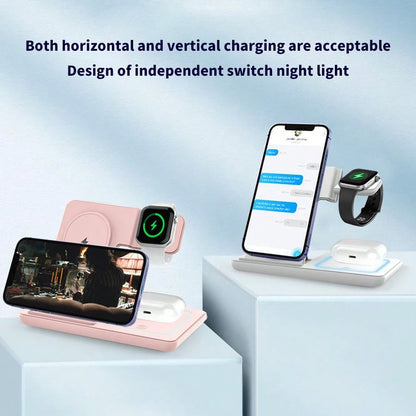 AmSengo 15W Foldable 3-In-1 Fast Wireless Charging Station Dock Compatible With Iphone 16 15 14 13 12 11, 9 8 7 6 5 Pro, USB Power Supply
