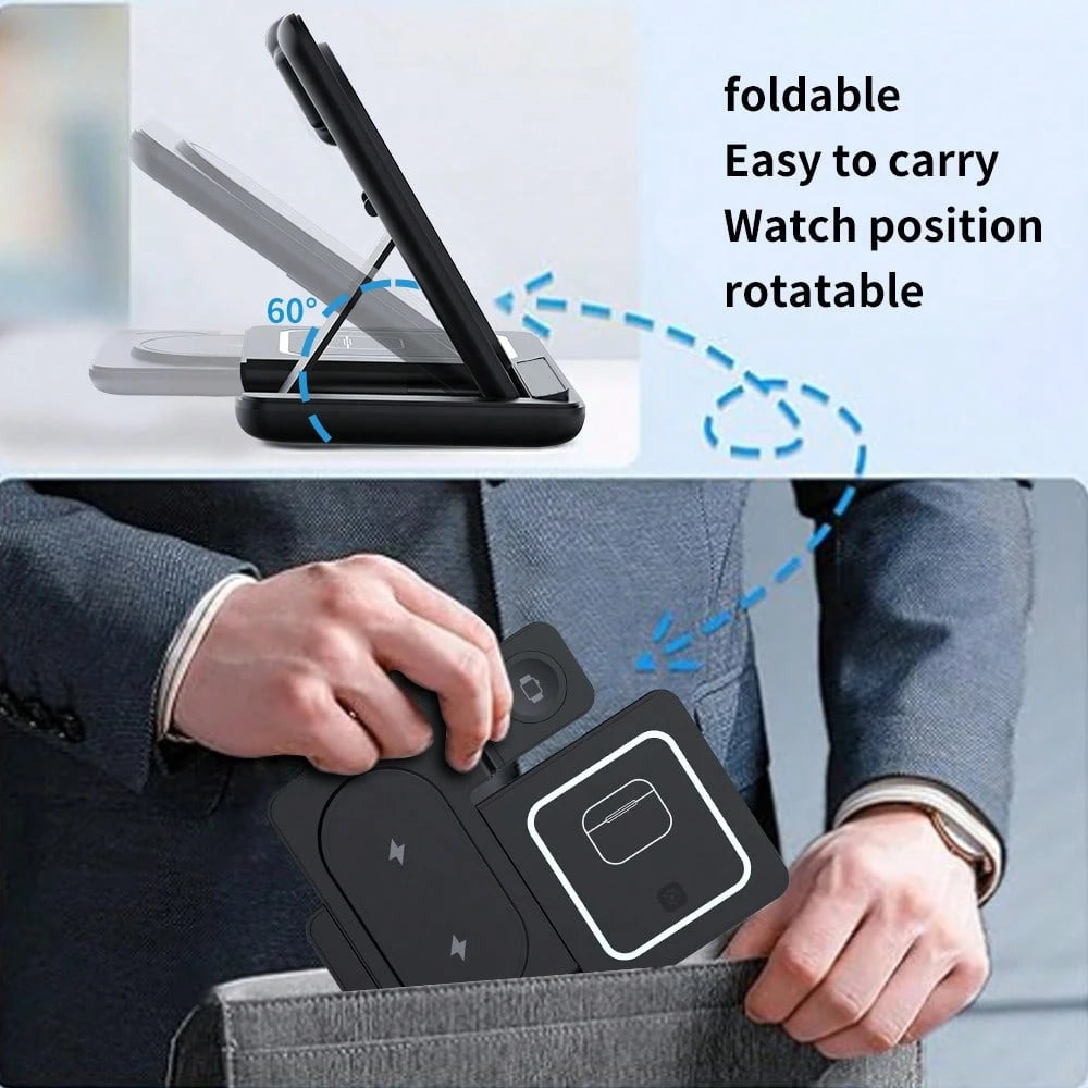 AmSengo 15W Foldable 3-In-1 Fast Wireless Charging Station Dock Compatible With Iphone 16 15 14 13 12 11, 9 8 7 6 5 Pro, USB Power Supply
