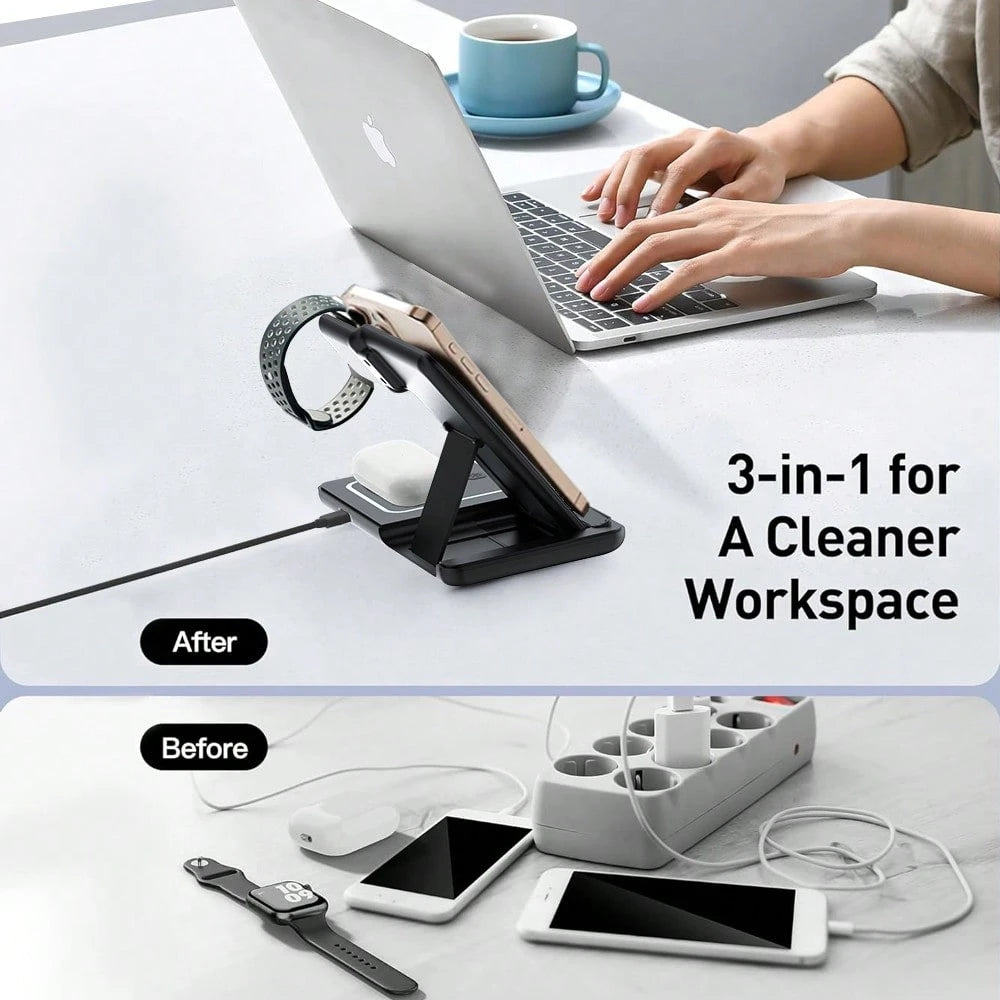 AmSengo 15W Foldable 3-In-1 Fast Wireless Charging Station Dock Compatible With Iphone 16 15 14 13 12 11, 9 8 7 6 5 Pro, USB Power Supply