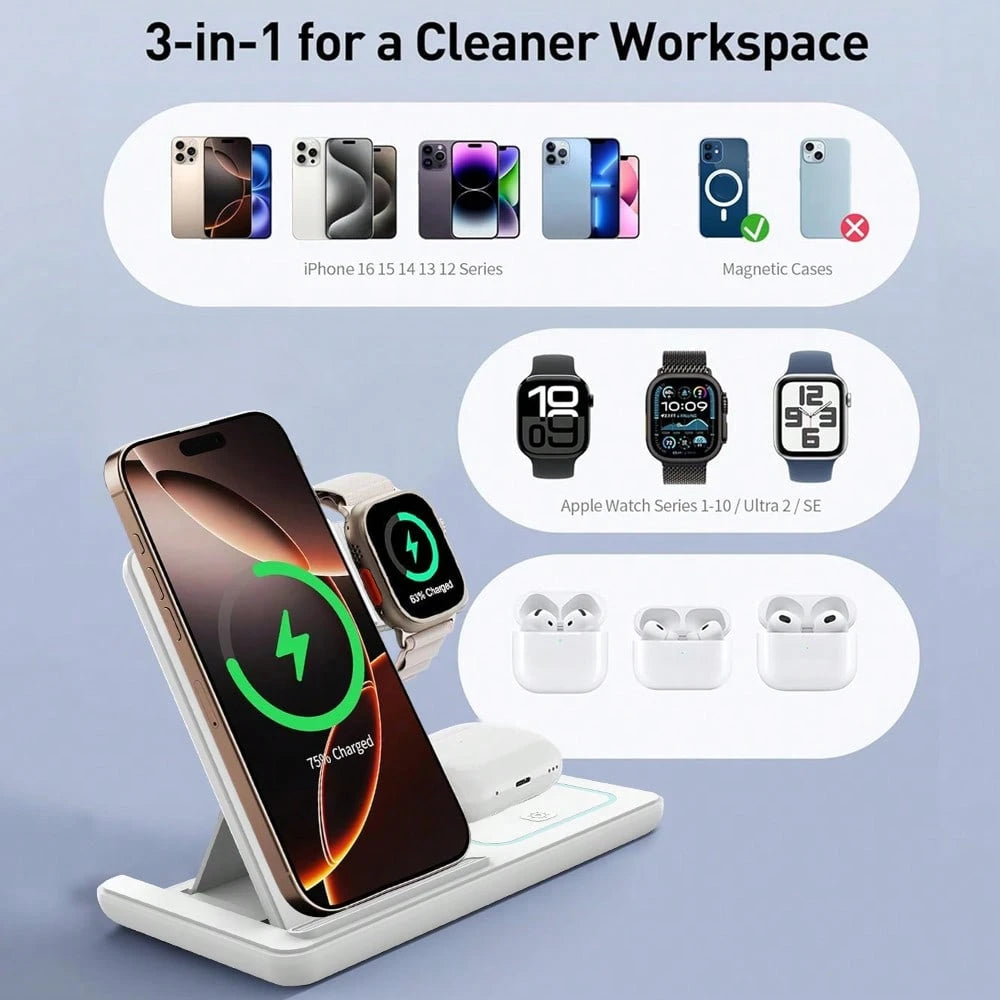 AmSengo 15W Foldable 3-In-1 Fast Wireless Charging Station Dock Compatible With Iphone 16 15 14 13 12 11, 9 8 7 6 5 Pro, USB Power Supply