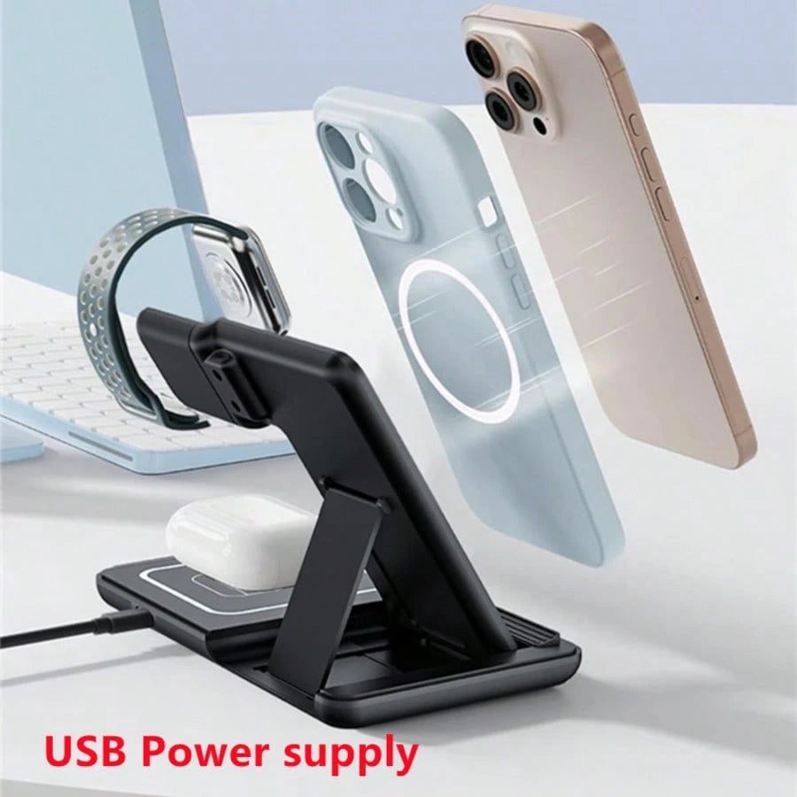 AmSengo 15W Foldable 3-In-1 Fast Wireless Charging Station Dock Compatible With Iphone 16 15 14 13 12 11, 9 8 7 6 5 Pro, USB Power Supply