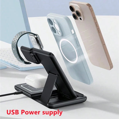 AmSengo 15W Foldable 3-In-1 Fast Wireless Charging Station Dock Compatible With Iphone 16 15 14 13 12 11, 9 8 7 6 5 Pro, USB Power Supply