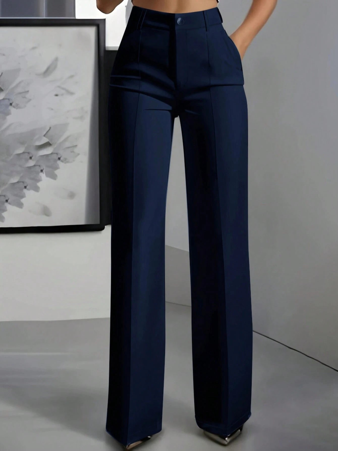 ANCHOSE Women's Elegant Navy Blue Slim Fit Tailored Dress Pants For Commuting, Summer Spring