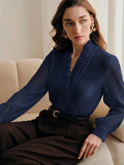 Anewsta Essential Elegant French Style V-Neck Ruffle Trim Fashionable Blouse, Suitable For New Year, Spring, Summer, White, Valentine's Day