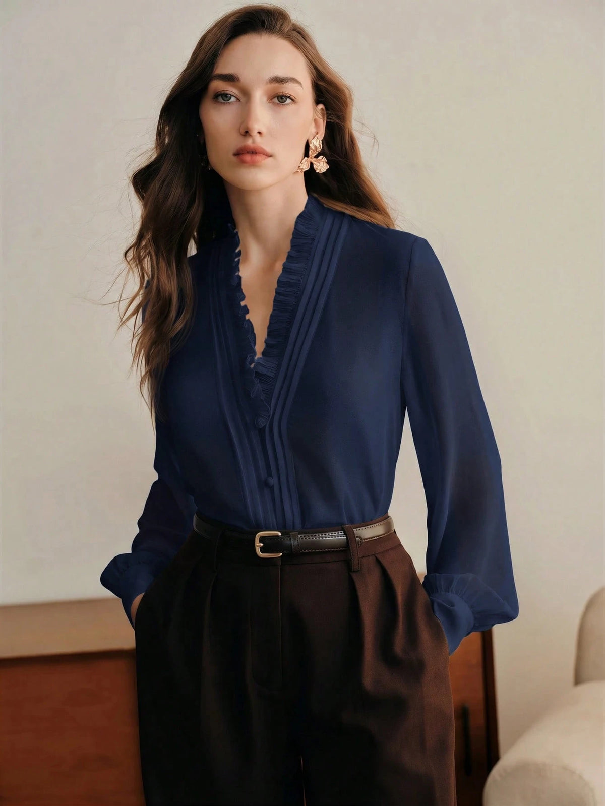 Anewsta Essential Elegant French Style V-Neck Ruffle Trim Fashionable Blouse, Suitable For New Year, Spring, Summer, White, Valentine's Day
