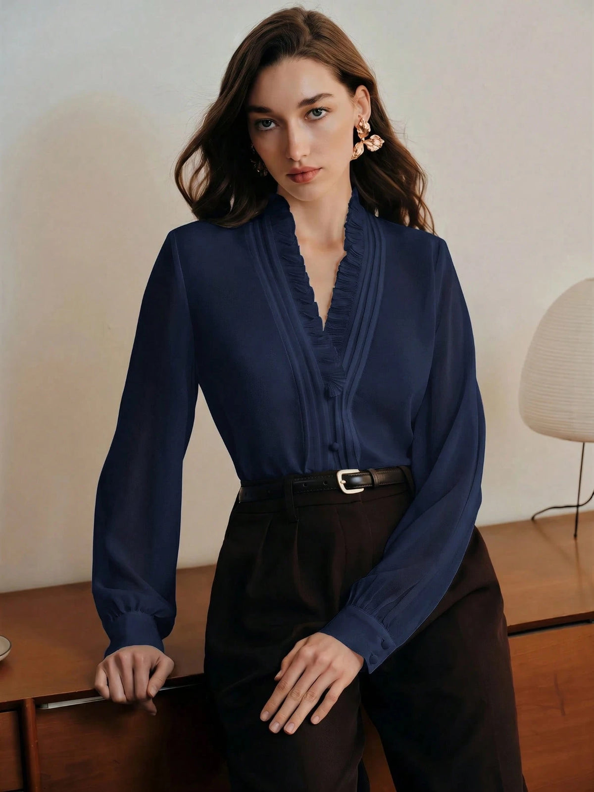 Anewsta Essential Elegant French Style V-Neck Ruffle Trim Fashionable Blouse, Suitable For New Year, Spring, Summer, White, Valentine's Day