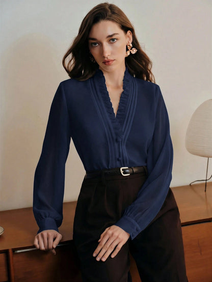 Anewsta Essential Elegant French Style V-Neck Ruffle Trim Fashionable Blouse, Suitable For New Year, Spring, Summer, White, Valentine's Day