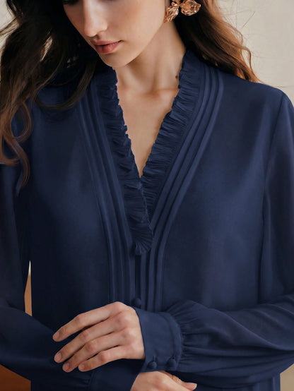 Anewsta Essential Elegant French Style V-Neck Ruffle Trim Fashionable Blouse, Suitable For New Year, Spring, Summer, White, Valentine's Day