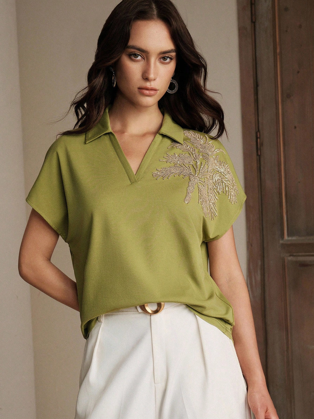Anewsta New Arrival Spring/Summer Elegant Fashion Casual Vacation Outing Date Embroidered Coconut Tree Short Sleeve Polo Collar T-Shirt For Women