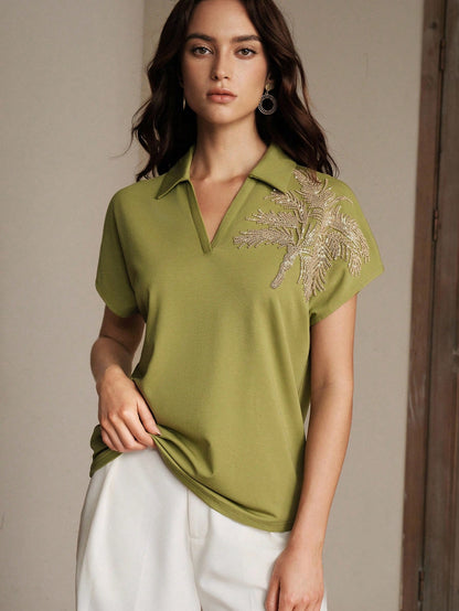 Anewsta New Arrival Spring/Summer Elegant Fashion Casual Vacation Outing Date Embroidered Coconut Tree Short Sleeve Polo Collar T-Shirt For Women