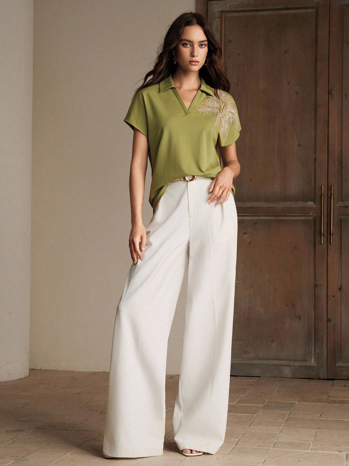 Anewsta New Arrival Spring/Summer Elegant Fashion Casual Vacation Outing Date Embroidered Coconut Tree Short Sleeve Polo Collar T-Shirt For Women