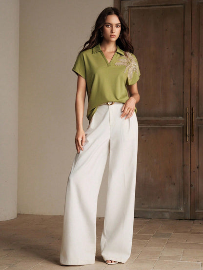 Anewsta New Arrival Spring/Summer Elegant Fashion Casual Vacation Outing Date Embroidered Coconut Tree Short Sleeve Polo Collar T-Shirt For Women