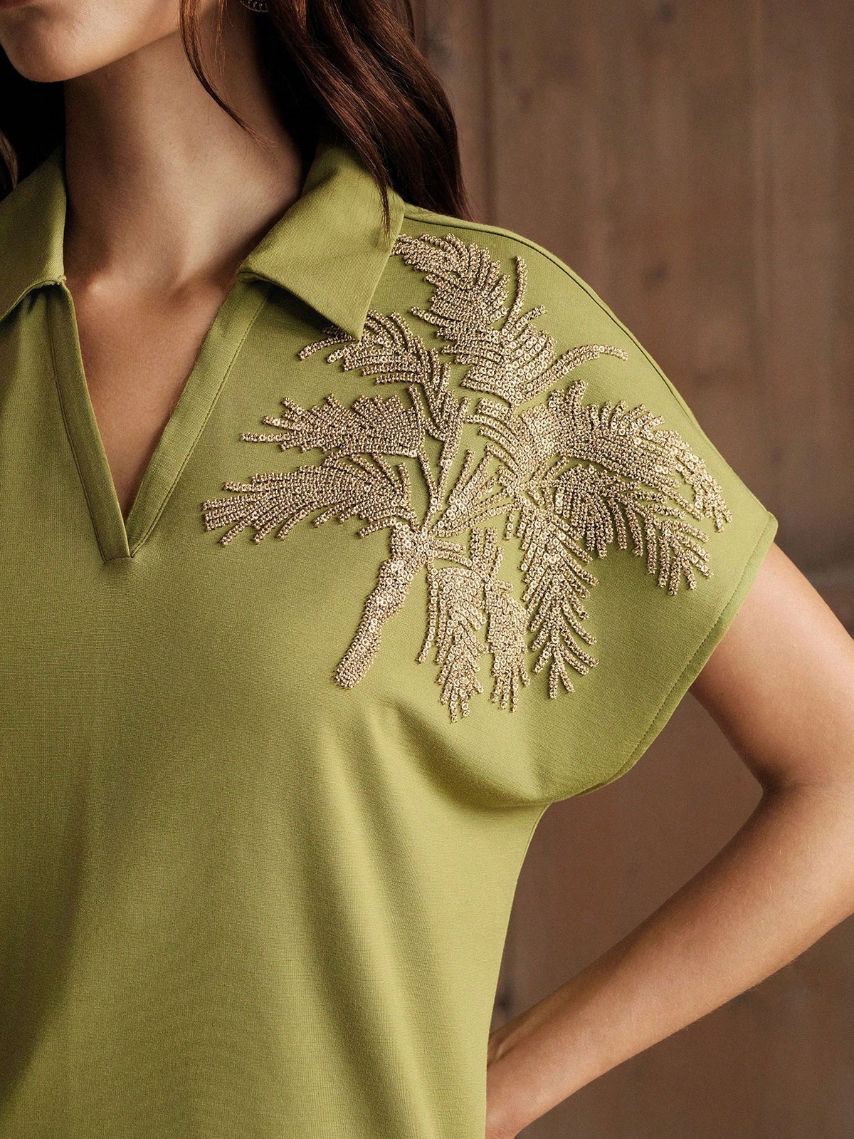Anewsta New Arrival Spring/Summer Elegant Fashion Casual Vacation Outing Date Embroidered Coconut Tree Short Sleeve Polo Collar T-Shirt For Women