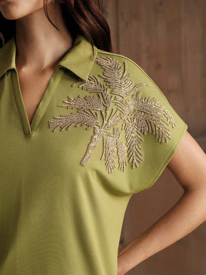 Anewsta New Arrival Spring/Summer Elegant Fashion Casual Vacation Outing Date Embroidered Coconut Tree Short Sleeve Polo Collar T-Shirt For Women