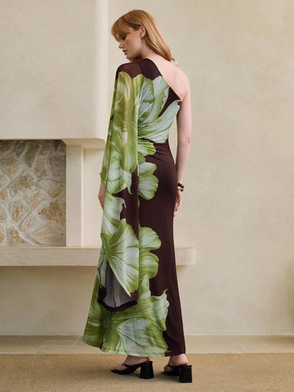 Arave Women's Elegant Brown Floral Summer Dress,Urban Asymmetric Shoulder Flowy Sleeve Fitted Knit Fabric Batik Printed Party Dinner Vacation Dress